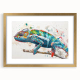 Chameleon-themed wall art framed in gold, showcasing vibrant colors and intricate design, perfect for reptile lovers and modern interior decor.