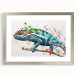 Charming silver-framed wall art featuring a vibrant chameleon design, ideal for reptile enthusiasts. Perfect for adding a touch of nature to home decor.