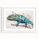 Charming wall art featuring a colorful chameleon design, framed in white with a mat, perfect for enhancing home decor and reptile-themed interiors.