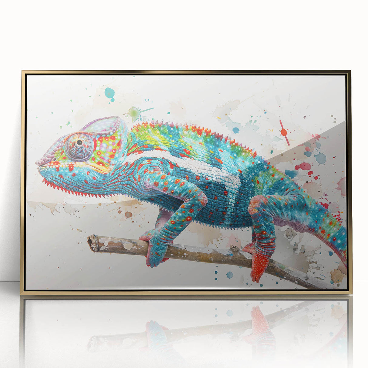 Framed wall art featuring a vibrant chameleon design on acrylic, accented with a gold frame, ideal for enhancing modern decor in reptile-themed spaces.