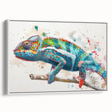 Framed wall art featuring a vibrant chameleon design on a textured canvas, showcased from the side against a white background, perfect for reptile enthusiasts and home decor.