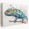 Stretched canvas wall art featuring a vibrant chameleon design, showcasing intricate details and bold colors, perfect for reptile enthusiasts and modern decor.