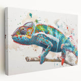 Stretched canvas wall art featuring a vibrant chameleon design, showcasing intricate details and bold colors, perfect for reptile enthusiasts and modern decor.