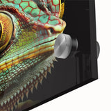 Close-up of a vibrant chameleon wall art design printed on acrylic glass, showcasing intricate details and rich colors, perfect for reptile enthusiasts and modern decor.