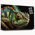 Chameleon wall art collection displayed in a side view with pins, featuring vibrant colors and intricate designs on acrylic glass, perfect for reptile enthusiasts.