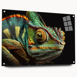 Chameleon wall art collection displayed in a side view with pins, featuring vibrant colors and intricate designs on acrylic glass, perfect for reptile enthusiasts.