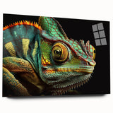 Vibrant chameleon wall art design printed on acrylic glass, showcasing intricate details and colors, perfect for modern home decor and reptile enthusiasts.