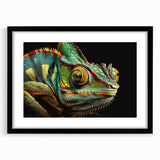Chameleon-themed wall art collection framed in black, featuring vibrant colors and intricate designs, perfect for reptile enthusiasts and modern decor.