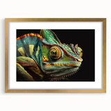 Framed chameleon wall art collection featuring vibrant colors and intricate designs in a gold frame, ideal for enhancing modern home decor.
