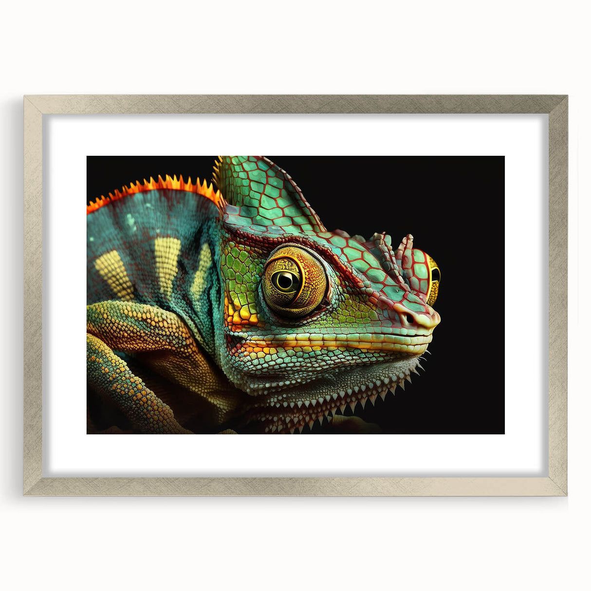 Framed wall art featuring a vibrant chameleon design in a silver frame, showcasing intricate details and colors, perfect for reptile enthusiasts and modern decor.