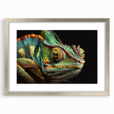 Framed wall art featuring a vibrant chameleon design in a silver frame, showcasing intricate details and colors, perfect for reptile enthusiasts and modern decor.