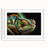 Charming wall art featuring a colorful chameleon design, framed in white with a mat, ideal for reptile enthusiasts and vibrant home decor. Perfect for adding a unique touch to any room.