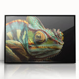 Framed wall art featuring a vibrant chameleon design on a black background, showcasing intricate details and colors, perfect for reptile enthusiasts and modern decor.