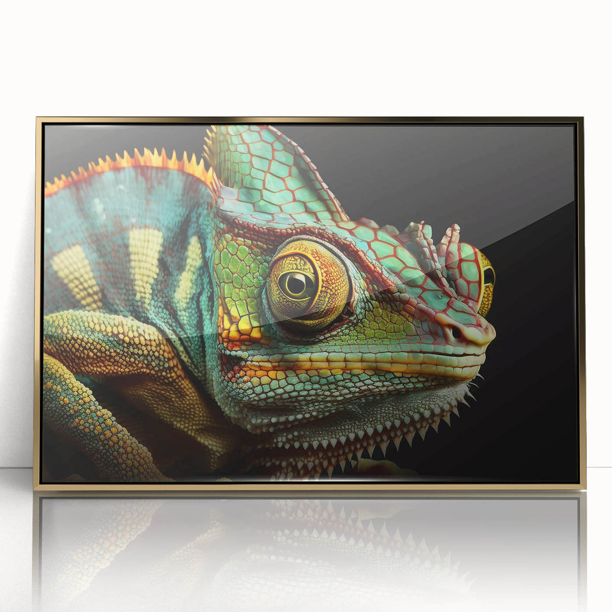 Framed wall art featuring a vibrant chameleon design with gold accents, showcased in an acrylic frame, ideal for adding a modern touch to home decor.