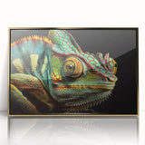 Framed wall art featuring a vibrant chameleon design with gold accents, showcased in an acrylic frame, ideal for adding a modern touch to home decor.