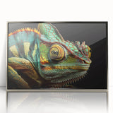 Framed acrylic wall art featuring a vibrant chameleon design with intricate details, set in a sleek silver frame, ideal for enhancing modern home decor.