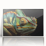 Framed acrylic wall art showcasing a vibrant chameleon design with intricate details, presented in a stylish white frame, ideal for reptile enthusiasts.