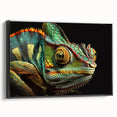 Framed wall art featuring a vibrant chameleon design on canvas, showcasing intricate colors and textures, set against a sleek black frame for modern decor.