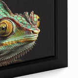 Vibrant close-up of a chameleon-themed wall art piece, showcasing intricate details and vivid colors on a framed canvas, perfect for enhancing any modern decor.