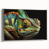 Framed wall art featuring a vibrant chameleon design in striking colors, showcasing intricate details and textures, set against a sleek silver frame for modern decor.
