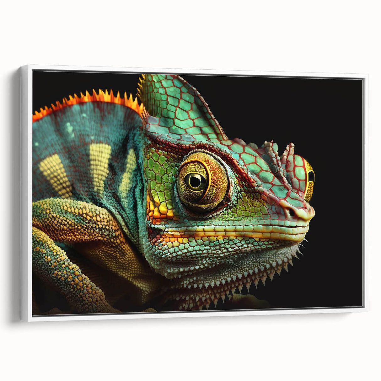 Framed wall art showcasing a vibrant chameleon design against a white background, perfect for reptile enthusiasts, adding a colorful touch to home decor.
