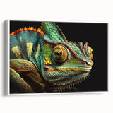 Framed wall art showcasing a vibrant chameleon design against a white background, perfect for reptile enthusiasts, adding a colorful touch to home decor.