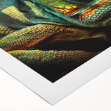 Vibrant chameleon wall art design on rolled canvas, showcasing intricate colors and patterns, ideal for reptile enthusiasts and modern decor.