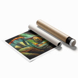 Vibrant rolled print depicting a detailed chameleon design in bright colors, perfect for reptile enthusiasts and nature-inspired decor, packaged securely for delivery.