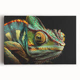 Colorful chameleon wall art on stretched canvas, showcasing intricate details and vibrant hues, perfect for reptile enthusiasts and modern home decor.