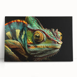 Vibrant chameleon wall art design on stretched canvas, showcasing rich colors and intricate details, perfect for adding a unique touch to home decor.