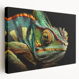 Stretched canvas wall art showcasing a vibrant chameleon design, featuring intricate details and vivid colors, ideal for reptile lovers and modern decor enthusiasts.