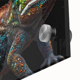 Close-up of a vibrant chameleon wall art design on acrylic glass, showcasing intricate details and vivid colors, perfect for reptile enthusiasts and modern decor.