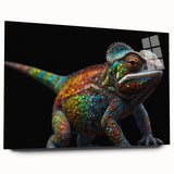 Acrylic wall art featuring a vibrant chameleon design in a side view, showcasing bright green and blue hues against a clear background, perfect for reptile enthusiasts.