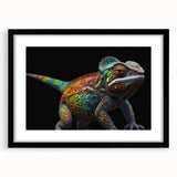 Chameleon-themed wall art framed in black with matting, showcasing vibrant colors and intricate design, ideal for reptile lovers and home decor enthusiasts.