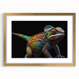 Charming wall art featuring a vibrant chameleon design in a gold frame with matting, perfect for reptile lovers and home decor enthusiasts. Ideal for adding color and personality to any space.