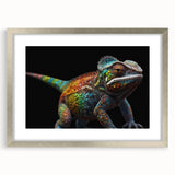 Framed wall art featuring a vibrant chameleon design, set in a sleek silver frame with a mat, ideal for enhancing home decor and reptile-themed interiors.