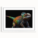 Framed wall art featuring a vibrant chameleon design with intricate details, set against a white mat background, ideal for reptile lovers and modern decor enthusiasts.
