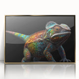 Framed acrylic wall art featuring a vibrant chameleon design with gold accents, showcasing a unique blend of color and detail, perfect for home decor enthusiasts.