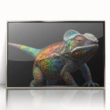 Framed wall art showcasing a vibrant chameleon design with intricate details, set in a sleek silver frame, perfect for enhancing modern decor.