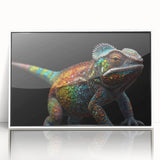 Framed wall art collection showcasing a vibrant chameleon design with a white frame, perfect for home decor enthusiasts and reptile lovers, adding a splash of color to any room.