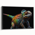 Framed wall art showcasing a vibrant chameleon design, featuring bright greens, blues, and yellows, perfect for reptile enthusiasts and modern decor.