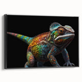 Framed wall art showcasing a vibrant chameleon design, featuring bright greens, blues, and yellows, perfect for reptile enthusiasts and modern decor.