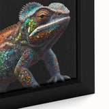 Close-up of a framed canvas featuring a vibrant chameleon design, showcasing intricate details and vivid colors, perfect for reptile enthusiasts and home decor lovers.