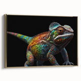 Framed canvas wall art featuring a vibrant chameleon design with gold accents, set against a modern backdrop, perfect for reptile lovers and home decor enthusiasts.