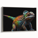 Framed wall art featuring a vibrant chameleon design on a textured canvas, presented in a sleek silver frame, ideal for reptile enthusiasts and modern decor.