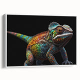 Framed canvas wall art featuring a vibrant chameleon design in a white frame, displayed from the side, ideal for adding a colorful touch to home decor.