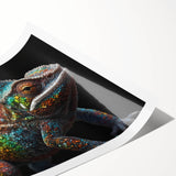 Vibrant chameleon wall art print showcasing intricate details and vivid colors, rolled for easy transport and display in home or office decor. Perfect for reptile enthusiasts and art lovers alike.