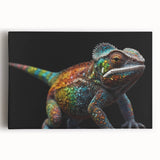 Vibrant chameleon wall art design on stretched canvas, showcasing intricate details and vivid colors, perfect for enhancing modern decor in any room.