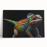 Vibrant chameleon wall art design on stretched canvas, showcasing rich colors and intricate details, perfect for enhancing any living space or office decor.