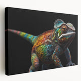 Vibrant chameleon wall art design on stretched canvas, showcasing rich colors and intricate details. Perfect for reptile lovers and contemporary decor enthusiasts.
